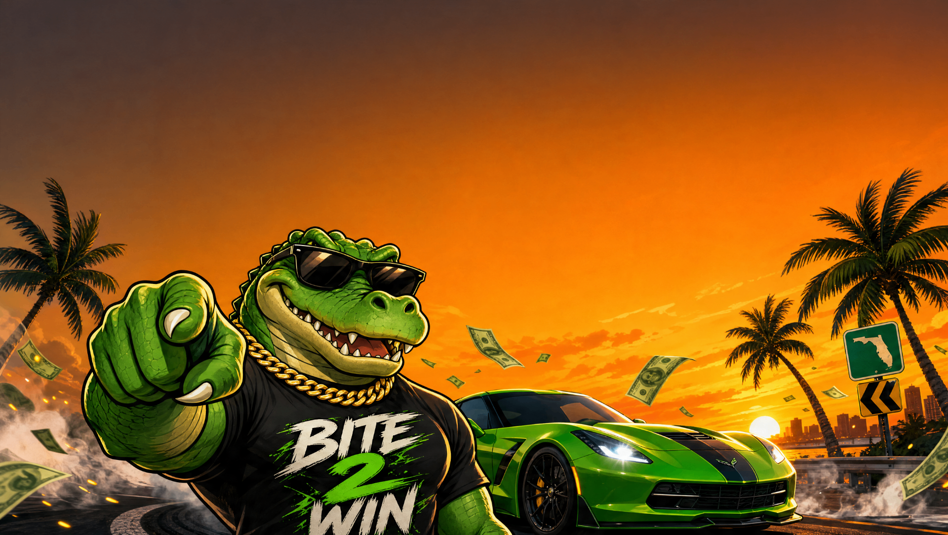 Bite 2 Win gator pointing beside a green sports car at sunset