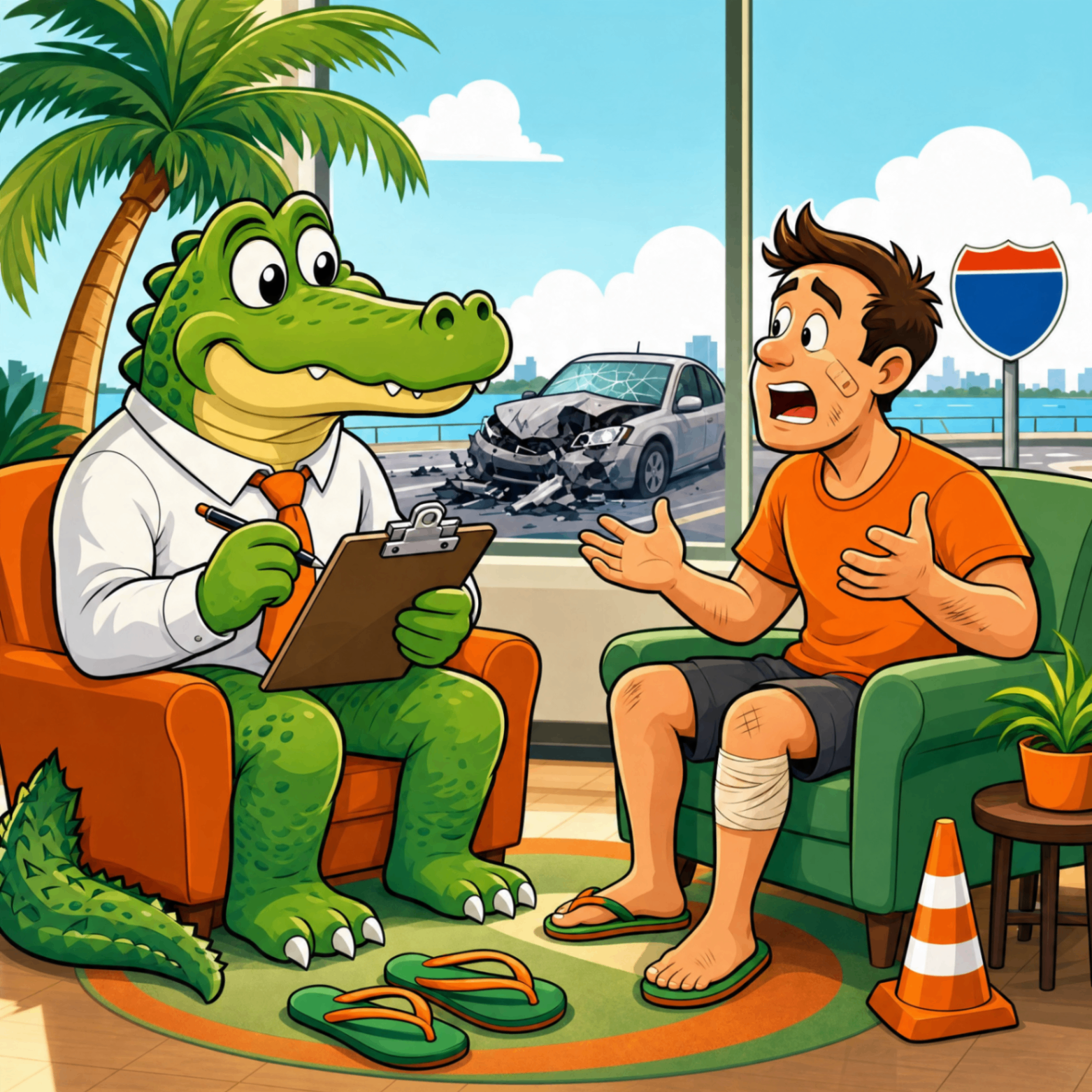 Bite 2 Win gator talking with an injured driver after a car accident