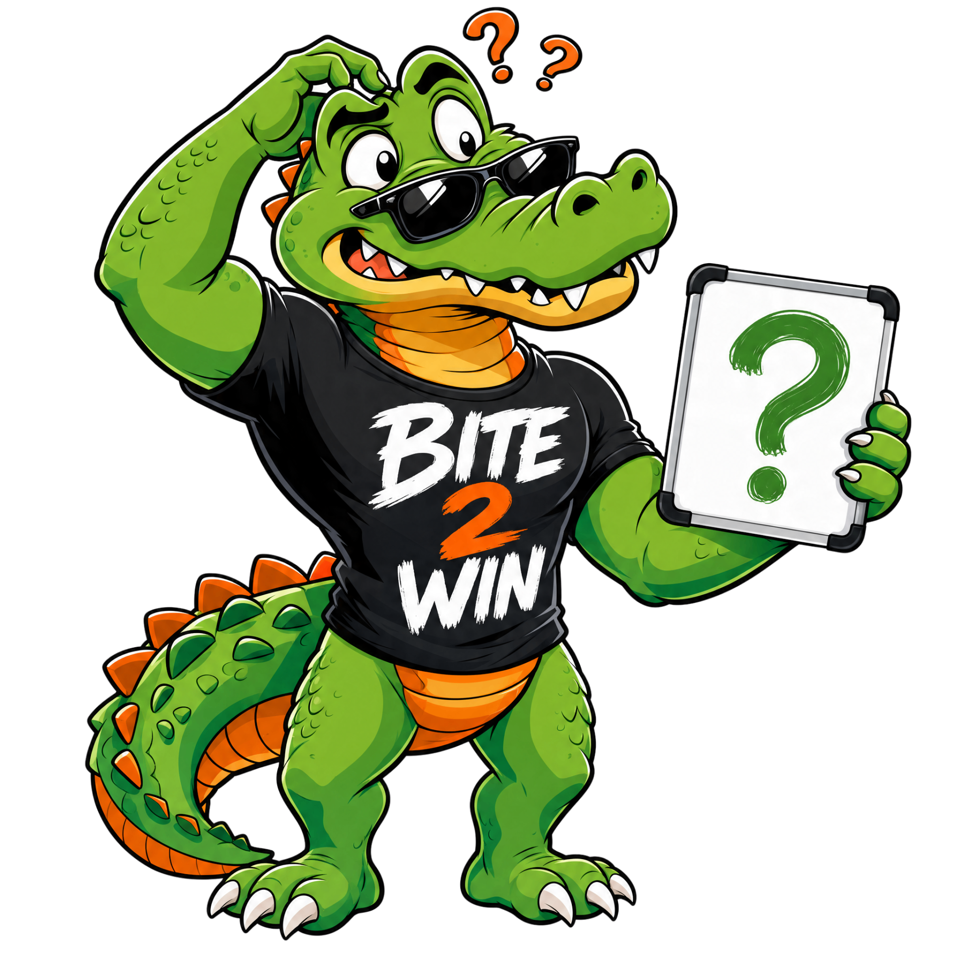 Bite 2 Win gator holding a question board