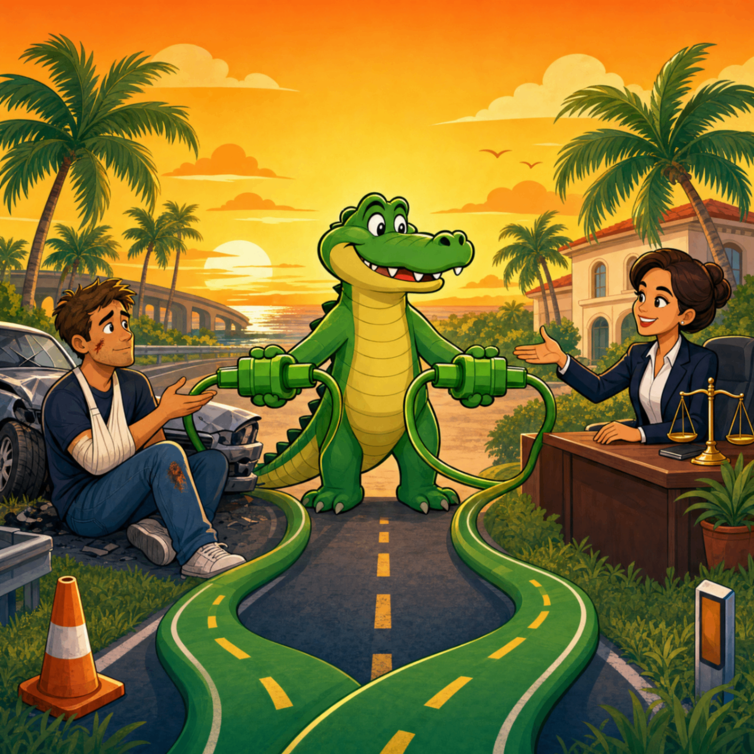 Bite 2 Win gator connecting an injured driver with legal help on a Florida road