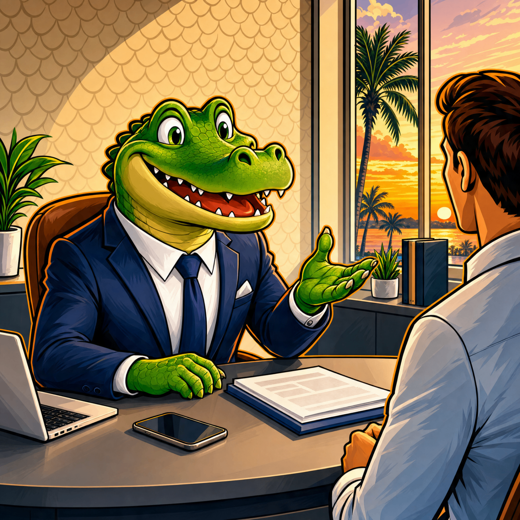 Friendly gator speaking with a client overlooking a Florida sunset